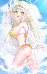 Rule 34 | 1girl, ass, bikini, blonde hair, blue archive, breasts, cloud, day, from side, green eyes, halo, halterneck, hand on headwear, hat, holding, holding swim ring, innertube, large breasts, long hair, looking at viewer, mizal07, nonomi (blue archive), nonomi (swimsuit) (blue archive), open mouth, outdoors, sideboob, sky, solo, standing, standing on one leg, swim ring, swimsuit, white hat, yellow bikini