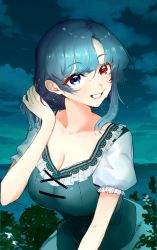 Rule 34 | 1girl, absurdres, adapted costume, bad id, bad pixiv id, blue hair, blue shirt, breasts, cleavage, cloud, commentary, heterochromia, highres, large breasts, looking at viewer, plant, saple, shirt, short sleeves, sky, smile, solo, tatara kogasa, touhou, wet, wet hair, wringing hair