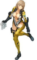 Rule 34 | 1girl, artist request, bodysuit, breasts, brown hair, center opening, gloves, half-closed eyes, holding, katrina company, large breasts, leg up, official art, open clothes, short hair, solo, super robot wars, super robot wars x-omega, unzipped