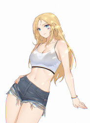Rule 34 | 1girl, bare arms, bare shoulders, black shorts, blonde hair, blue eyes, breasts, camisole, cleavage, collarbone, cowboy shot, crop top, cutoffs, denim, denim shorts, earrings, facial mark, hand on own hip, highres, hoop earrings, jewelry, large breasts, long hair, looking at viewer, midriff, navel, original, shirt, shorts, simple background, siun, sleeveless, sleeveless shirt, solo, spaghetti strap, stomach, thighs, undershirt, white background, white shirt