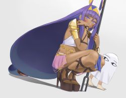 Rule 34 | 1girl, 1other, dark-skinned female, dark skin, eyebrows hidden by hair, fate/grand order, fate/prototype, fate (series), holding, holding staff, lempika, long hair, looking at viewer, medjed (fate), nitocris (fate), pointy ears, ponytail, purple eyes, purple hair, squatting, staff, toes