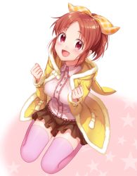 Rule 34 | 1girl, :d, abe nana, blush, bow, brown hair, coat, hair bow, hood, hood down, hooded coat, idolmaster, idolmaster cinderella girls, idolmaster cinderella girls starlight stage, konogi nogi, long sleeves, looking at viewer, open clothes, open coat, open mouth, pink shirt, pink thighhighs, ponytail, red eyes, seiza, shirt, sitting, smile, solo, thighhighs, yellow bow, yellow coat