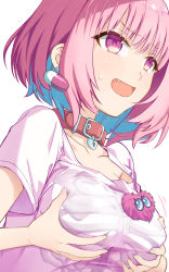 Rule 34 | 1girl, blue hair, grabbing another&#039;s breast, breasts, collar, collarbone, commentary request, fang, grabbing, hair intakes, heart, idolmaster, idolmaster cinderella girls, jewelry, large breasts, multicolored hair, open mouth, pink eyes, pink hair, red collar, shirt, short hair, short sleeves, solo, t-shirt, two-tone hair, yoikorogashi, yumemi riamu