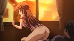 Rule 34 | 10s, animated, animated gif, ass, brown hair, censored, kanou karen, looking back, no panties, pussy, reverse cowgirl position, sex, sex from behind, sky, straddling, uhou renka, vaginal, window