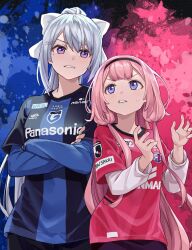 Rule 34 | 2girls, black hairband, black pants, black shirt, blue background, blue eyes, blue shirt, blue sleeves, bow, cerezo osaka, commentary request, cowboy shot, crossed arms, gamba osaka, glaring, grey hair, grimace, hair bow, hair ornament, hairband, hairclip, hands up, highres, higuchi kaede, j. league, jersey, layered sleeves, long hair, long sleeves, looking at another, looking to the side, low twintails, mole, mole under eye, multicolored background, multicolored shirt, multiple girls, nijisanji, opposing sides, panasonic corporation, pants, pink background, pink hair, pink shirt, ponytail, puma (brand), purple eyes, shirt, short over long sleeves, short sleeves, soccer uniform, splatter background, sponsor, sportswear, striped clothes, striped shirt, suo sango, sweatdrop, tareme, toromera, twintails, umbro, v-shaped eyebrows, very long hair, virtual youtuber, white bow, white sleeves