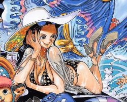 Rule 34 | 1girl, ass, black hair, breasts, cleavage, cup, drinking glass, drinking straw, eyelashes, hand on own cheek, hand on own face, hat, high heels, jewelry, large breasts, long hair, looking to the side, lying, nail polish, necklace, nico robin, official art, one piece, sunglasses on head, third-party edit, tony tony chopper, wet, wet clothes