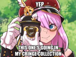 Rule 34 | 1girl, bare shoulders, blue eyes, blush, cabbie hat, camera, charlotte (genshin impact), commentary, cringe compilation (meme), english commentary, english text, genshin impact, gloves, hat, holding, holding camera, image macro (meme), impact (font), looking at viewer, medium hair, meme, mnejing30, pink hair, portrait, red hat, smile, solo, white gloves