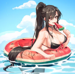 Rule 34 | 1girl, absurdres, artist name, ass, bare arms, bare shoulders, bikini, black bikini, black hair, cloud, collarbone, commentary request, cowboy shot, food, forehead, fruit, hair between eyes, halterneck, high ponytail, highres, holding, holding food, innertube, iris yuma, leaning forward, lin leiyu0921, long bangs, long hair, o-ring, o-ring bikini, open mouth, outdoors, parted bangs, popsicle, red eyes, shiny skin, sky, solo, soulworker, swim ring, swimsuit, teeth, thighs, upper teeth only, very long hair, watermelon, watermelon bar