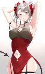 Rule 34 | 1girl, alternate costume, antenna hair, arknights, armlet, armpits, arms behind head, arms up, blush, breasts, brown eyes, cleavage, cleavage cutout, clothing cutout, cowboy shot, demon girl, demon horns, demon tail, double bun, dress, earrings, garter straps, gradient background, hair bun, highres, horns, jewelry, large breasts, looking at viewer, multicolored hair, navel, navel cutout, parted lips, raitho, red hair, short hair, silver hair, simple background, single earring, skindentation, sleeveless, sleeveless dress, smile, solo, tail, thigh strap, two-tone dress, two-tone hair, w (arknights), white background