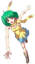 Rule 34 | 00s, 1girl, :d, ankle boots, bad id, bad pixiv id, bare shoulders, boots, brown footwear, collarbone, dress, green hair, looking at viewer, macross, macross frontier, open mouth, ranka lee, red eyes, running, scarf, short hair, shouhei, smile, solo, yellow dress