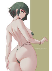 Rule 34 | 1girl, absurdres, artist name, ass, bikini, bikini bottom only, blunt bangs, blunt ends, breasts, cameltoe, commentary, from behind, fubuki (one-punch man), green background, green eyes, green hair, heart pasties, highleg, highleg bikini, highres, jewelry, large breasts, looking back, melowh, necklace, one-punch man, parted lips, pasties, patreon username, solo, swimsuit, thighs, topless, two-tone background, white background