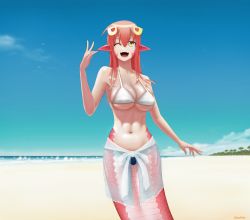 Rule 34 | 10s, 1girl, ;d, abs, absurdres, artist name, beach, bikini, breasts, bursting breasts, cleavage, day, fangs, female focus, hair ornament, hairclip, highres, lamia, large breasts, long hair, miia (monster musume), monster girl, monster musume no iru nichijou, navel, one eye closed, open mouth, outdoors, pointy ears, red hair, sandishy, sarong, scales, shiny skin, skindentation, sky, slit pupils, smile, solo, swimsuit, yellow eyes