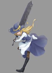 Rule 34 | 1girl, :d, black footwear, black gloves, black skirt, black vest, blouse, blue eyes, blue hat, boots, bow, breasts, brown pantyhose, commentary request, cookie (touhou), feet out of frame, gloves, greatsword, grey background, hair between eyes, hat, hat bow, highres, holding, holding sword, holding weapon, kirisame marisa, long hair, long skirt, long sleeves, looking at viewer, medium breasts, open mouth, pantyhose, ruka (cookie), shirt, simple background, skirt, smile, solo, star (symbol), sword, sy4, touhou, vest, weapon, white shirt, witch hat, yellow bow