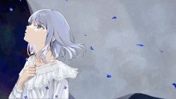 Rule 34 | 1girl, blue eyes, commentary request, curtains, dress, falling petals, grey hair, hand up, highres, long sleeves, looking up, medium hair, mikanoisi, original, parted lips, petals, sky, solo, star (sky), starry sky, tearing up, tears, upper body, white dress