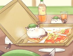 Rule 34 | 0 0, :3, animal ears, cat ears, cat tail, chen, commentary request, earrings, food, food focus, glass, green hat, hat, ibaraki natou, jewelry, mob cap, multiple tails, nekomata, pizza, pizza box, single earring, tail, touhou, two tails