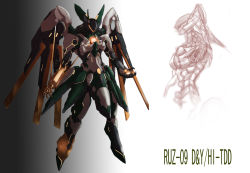 Rule 34 | 1girl, anubis (mythology), anubis (z.o.e.), cosplay, female focus, gradient background, mecha, mechanization, orbital frame (zone of the enders), parody, partially colored, reiuji utsuho, rekise, robot, solo, touhou, wings, zone of the enders