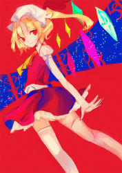 Rule 34 | 1girl, bad id, bad pixiv id, crystal, female focus, flandre scarlet, from side, hat, kol49, mob cap, red theme, solo, thighhighs, touhou, white hat, white thighhighs, wings
