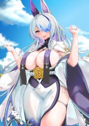 Rule 34 | 1girl, absurdres, animal ears, asymmetrical bangs, azur lane, blue sky, breast curtains, breasts, butterfly over eye, chinese commentary, cleavage, colored inner hair, commentary request, curvy, ear covers, fangs, grey hair, hair over one eye, hands up, highres, huge breasts, jacket, jacket on shoulders, japanese clothes, kimono, large breasts, long hair, looking at viewer, minuo songshu, multicolored hair, obi, off shoulder, open mouth, purple eyes, purple hair, rabbit ears, sakuramon, sash, side slit, single ear cover, skindentation, sky, solo, streaked hair, thick thighs, thigh strap, thighs, underbust, unzen (azur lane), very long hair, w arms, white jacket, white kimono, wide sleeves