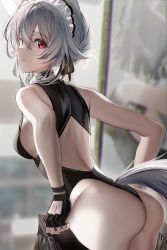 Rule 34 | 1girl, animal ears, ass, backless outfit, bare shoulders, black gloves, black leotard, blurry, blurry background, breasts, dressing, fingerless gloves, from behind, gloves, grey hair, highres, kawachi rin, leotard, looking at viewer, looking back, maid headdress, mirror, original, reflection, small breasts, solo, tail, wolf ears