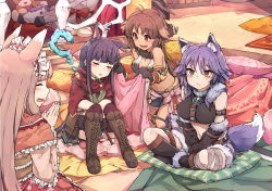 Rule 34 | 4girls, animal ear fluff, animal ears, animal hands, antenna hair, blunt bangs, boots, brown hair, character request, closed eyes, commentary, frills, fur trim, indian style, kaori (princess connect!), kasumi (princess connect!), knee boots, long hair, maho (princess connect!), makoto (princess connect!), multiple girls, own hands together, pkpkpppk, princess connect!, purple hair, sitting, staff, tail, thighhighs, very long hair, yellow eyes