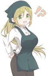 Rule 34 | !?, 1girl, apron, black pants, blush, breasts, commentary, fang, green eyes, green hair, highres, inuyama aoi, large breasts, long hair, long sleeves, looking at viewer, open mouth, pants, shirt, skin fang, smile, solo, sweatdrop, thick eyebrows, usoyadeee, white shirt, yurucamp