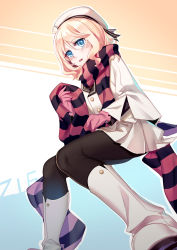 Rule 34 | 1girl, absurdres, aer (tengqiu), black pantyhose, blonde hair, blue eyes, blush, boots, character name, coat, gloves, hat, highres, looking at viewer, medium hair, open mouth, pantyhose, pink gloves, scarf, simple background, sitting, skirt, solo, thighhighs, warship girls r, white coat, white footwear, white skirt, z16 friedrich eckoldt (warship girls r)