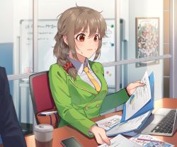 Rule 34 | 1girl, braid, brown hair, business suit, cellphone, chair, closed mouth, collared shirt, computer, formal, green suit, hair ornament, hair over shoulder, hair scrunchie, holding, holding paper, idolmaster, idolmaster cinderella girls, indoors, kamille (vcx68), laptop, long sleeves, necktie, orange eyes, paper, phone, red scrunchie, scrunchie, senkawa chihiro, shirt, single braid, sitting, smartphone, solo focus, suit, sweat, white shirt, whiteboard, yellow neckwear