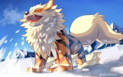 Rule 34 | arcanine, breath, closed eyes, commentary request, creatures (company), day, fangs, from below, funahashi (nkmmmmr), game freak, gen 1 pokemon, nintendo, no humans, open mouth, outdoors, pokemon, pokemon (creature), sky, snow, solo, standing, tongue, twitter username