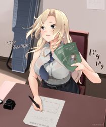 Rule 34 | 1girl, absurdres, befu, black necktie, blonde hair, blue eyes, blush, bra visible through clothes, breasts, buttons, collared shirt, english text, fairy (kancolle), highres, hornet (kancolle), kantai collection, large breasts, long hair, necktie, nib pen (object), pen, see-through, shirt, sitting, sleeveless, sleeveless shirt, solo, white shirt