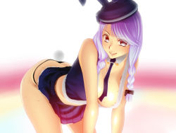 Rule 34 | 1girl, all fours, aoi mug, ass, between breasts, braid, breasts, rabbit tail, butt crack, downpants, fur, hat, large breasts, lipstick, long hair, makeup, miniskirt, nipples, orange eyes, purple hair, skirt, smile, solo, sweat, tail, thong, twin braids