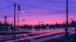 Rule 34 | aenamiart, artist name, bus stop, city, cloud, commentary, crescent moon, flock, glowing, gradient sky, highres, lamppost, light, moon, night, no humans, original, outdoors, paid reward available, perspective, pine tree, pink sky, power lines, purple sky, reflective floor, road, scenery, shooting star, sign, sky, star (sky), street, sunset, traffic light, tree, twilight, utility pole