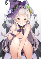 Rule 34 | 1girl, arou (arrow x666), bikini, blush, bracelet, breasts, chair, collarbone, grey hair, grin, hair bun, hairband, hat, highres, hololive, jewelry, long hair, looking at viewer, murasaki shion, murasaki shion (hololive summer 2019), nipples, sitting, small breasts, smile, solo, swimsuit, virtual youtuber, witch hat, yellow eyes