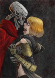 Rule 34 | 1boy, 1girl, ainz ooal gown, armor, artist request, blonde hair, cape, clementine (overlord), crown of thorns, hetero, highres, hood, hug, jewelry, looking at another, open mouth, overlord (maruyama), red eyes, ring, scared, skeleton