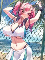 Rule 34 | 1girl, absurdres, armpits, arms up, azur lane, beach, blush, breasts, bremerton (azur lane), bremerton (scorching-hot training) (azur lane), chain-link fence, cleavage, commentary, crop top, crop top overhang, day, ear piercing, fence, grey hair, hair between eyes, hair ornament, hairclip, heart, heart necklace, highres, huge breasts, huge filesize, jewelry, large breasts, light smile, long hair, looking at viewer, multicolored hair, necklace, ocean, outdoors, palm tree, piercing, pink eyes, pink hair, shirt, sigma 2018, sleeveless, sleeveless shirt, smile, solo, sportswear, streaked hair, tennis uniform, tree, twintails, two-tone shirt, two-tone skirt, underboob, water, x hair ornament