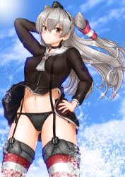 Rule 34 | 1girl, amatsukaze (kancolle), black dress, black panties, blue sky, blush, breasts, clothes lift, cloud, commentary request, commission, covered erect nipples, cowboy shot, dress, dress lift, garter straps, grey neckerchief, hair tubes, hand on own hip, hat, highres, kantai collection, lifebuoy ornament, long hair, long sleeves, looking at viewer, medium breasts, mini hat, navel, neckerchief, nipples, panties, panties over garter belt, pixiv commission, red thighhighs, sailor collar, sailor dress, see-through, short dress, side-tie panties, silver hair, sky, sleeve cuffs, smokestack hair ornament, solo, striped clothes, striped thighhighs, thighhighs, two side up, underwear, ura tomomi, white sailor collar, wind, wind lift