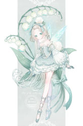 Rule 34 | 1girl, ajicoma, arms at sides, artist name, bangs pinned back, blonde hair, bow, bubble skirt, cutout gloves, detached sleeves, dress, dress bow, english text, fairy, fairy wings, flower, footwear ribbon, full body, fur collar, gloves, gradient hair, green bow, green dress, green eyes, green footwear, green gloves, hair bow, hair ornament, high heels, lily of the valley, long hair, looking at viewer, multicolored hair, original, pillarboxed, pointy ears, pom pom (clothes), pom pom hair ornament, puffy sleeves, skirt, smile, solo, sparkle, strapless, strapless dress, wings