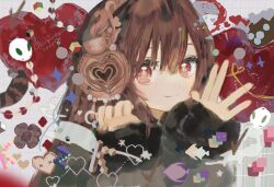 Rule 34 | 1girl, 2024, beads, black flower, black shirt, brown eyes, brown hair, checkmark, circle, closed mouth, commentary, cube, cup, dated, fish, flower, grey background, grid background, hand up, heart, highres, kazuka, long hair, long sleeves, mug, open hand, original, rabbit, shirt, signature, sleeves past wrists, smile, solo, sparkling eyes, star (symbol), symbol-only commentary, upper body, x x