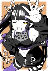 Rule 34 | 1girl, black hair, black jacket, black ribbon, black shirt, blouse, blunt bangs, blush, breasts, cleavage, commentary request, crop top, demon girl, demon horns, demon tail, feet out of frame, grin, heart, heart print, highres, horns, jacket, jewelry, kojo anna, kojo anna (1st costume), leg ribbon, limited palette, long hair, long sleeves, looking at viewer, medium breasts, midriff, multicolored hair, nanashi inc., nantyu-a, navel, off shoulder, open clothes, open jacket, open mouth, orange background, pointy ears, print shirt, purple hair, purple thighhighs, ribbon, ring, russian text, see-through, see-through cleavage, see-through shirt, shirt, single thighhigh, sleeveless, sleeveless shirt, smile, solo, sugar lyric, tail, thigh strap, thighhighs, twintails, two-tone background, two-tone hair, virtual youtuber, white background, yellow eyes, zipper