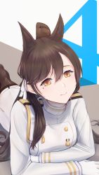 Rule 34 | 1girl, animal ears, atago (azur lane), azur lane, breasts, brown hair, brown thighhighs, ex saki, gloves, highres, jacket, large breasts, long hair, looking at viewer, lying, medal, military, military uniform, miniskirt, mole, mole under eye, naval uniform, on stomach, simple background, skirt, solo, thighhighs, uniform, very long hair, white gloves, white jacket, white skirt