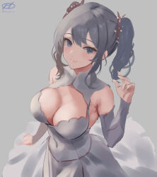 Rule 34 | 1girl, artist name, breasts, cleavage, commentary request, detached sleeves, dress, grey background, grey eyes, grey hair, haruto (harut n), kantai collection, kashima (kancolle), large breasts, sidelocks, simple background, solo, twintails, wavy hair, white dress