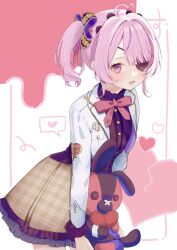 Rule 34 | 1girl, ahoge, black bow, black shirt, bow, bowtie, brooch, brown skirt, checkered clothes, checkered skirt, collared shirt, commentary, cropped jacket, dress shirt, eyepatch, heart, heart ahoge, highres, jacket, jewelry, long sleeves, maria marionette, medium hair, multicolored bow, multicolored hair, natsume asa, nijisanji, nijisanji en, one eye covered, open mouth, pink bow, pink bowtie, pink eyes, pink hair, purple bow, purple hair, school uniform, shirt, side ponytail, sir ventrilo (maria marionette), skirt, smile, solo, streaked hair, stuffed animal, stuffed rabbit, stuffed toy, symbol-only commentary, virtual youtuber, white jacket