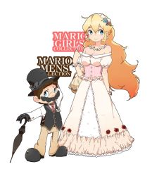 Rule 34 | 1boy, 1girl, alternate costume, bag, bare shoulders, blonde hair, blue eyes, breasts, brown hair, couple, doily, dress, earrings, elbow gloves, english text, facial hair, flower, formal, gloves, hair flower, hair ornament, hat, height difference, jewelry, mario, mario (series), mustache, necklace, nintendo, princess peach, riomario, shoes, smile, suit, super mario bros. 1