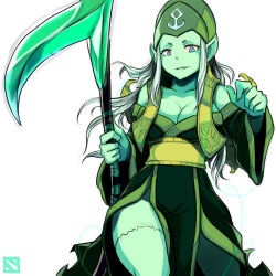 Rule 34 | 1girl, blue eyes, breasts, cleavage, collarbone, colored skin, dota (series), dota 2, gender request, genderswap, green skin, hat, large breasts, long hair, looking at viewer, necrophos, open clothes, open mouth, scythe, sieyarelow, solo, tagme, white background