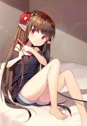 Rule 34 | 1girl, bad id, bad twitter id, barefoot, bed, brown hair, denim, denim shorts, elf, flower, goyain, hair flower, hair ornament, hair straightener, highres, long hair, off-shoulder shirt, off shoulder, on bed, original, pointy ears, red eyes, shirt, shorts, sitting, solo, striped clothes, striped shirt, sweatdrop, very long hair, wavy mouth