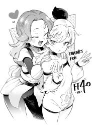 Rule 34 | 2girls, :d, ^ ^, bare shoulders, blush, choker, closed eyes, collarbone, commentary request, dress, forehead, gloves, greyscale, hair between eyes, hands on another&#039;s shoulders, heart, long hair, long sleeves, monochrome, multiple girls, off-shoulder dress, off shoulder, open mouth, original, pants, parted bangs, puffy long sleeves, puffy sleeves, simple background, smile, ter (otokoter), white background
