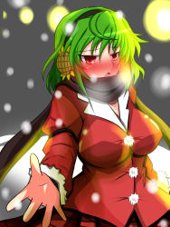 Rule 34 | 1girl, :o, adapted costume, blush, breasts, breath, earmuffs, female focus, flower, green hair, impossible clothes, kazami yuuka, large breasts, looking at viewer, night, open mouth, outdoors, plaid, plaid skirt, red eyes, rindou (p41neko), scarf, shiny clothes, short hair, shy, skirt, snow, snowing, solo, sunflower, touhou, v-neck, winter, winter clothes