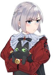 Rule 34 | 1girl, animal, animal hug, bell, black cat, blue eyes, cat, character request, collar, commentary request, final fantasy, final fantasy xiv, grey hair, hug, jun project, long sleeves, looking to the side, neck bell, short hair, simple background, upper body, white background