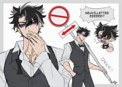 Rule 34 | 1boy, acupofbread, anger vein, arrow (symbol), black bow, black bowtie, black hair, black vest, blue-tinted eyewear, blue eyes, border, bow, bowtie, buttons, cigarette, closed mouth, collared shirt, commentary, cosplay, cowboy shot, dress shirt, durarara!!, ear piercing, earrings, english commentary, english text, fang, genshin impact, grey border, grey hair, hair between eyes, hand in pocket, hand up, heiwajima shizuo, heiwajima shizuo (cosplay), highres, holding, holding cigarette, holding sign, jewelry, long sleeves, looking at viewer, male focus, multicolored hair, multiple views, no entry sign, notice lines, open mouth, outside border, parted bangs, parted lips, piercing, road sign, scar, scar on hand, scar on neck, shirt, short hair, sign, simple background, sleeves rolled up, speech bubble, streaked hair, stud earrings, sunglasses, teeth, tinted eyewear, undone bowtie, upper body, upper teeth only, v-shaped eyebrows, vest, white background, white shirt, wing collar, wriothesley (genshin impact)