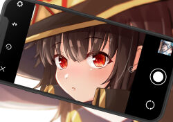 Rule 34 | 1girl, black cape, black hat, blurry, blurry background, blush, brown hair, camera phone, cape, cellphone, cellphone photo, close-up, commentary, from side, hair between eyes, hat, highres, kono subarashii sekai ni shukufuku wo!, looking at viewer, looking to the side, megumin, parted lips, phone, portrait, pov, red eyes, ruriho, short hair, short hair with long locks, sidelocks, smartphone, solo, taking picture, viewfinder, witch hat