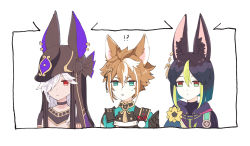 Rule 34 | !?, 3boys, animal ear fluff, animal ears, animal hat, aqua eyes, armor, black choker, black hair, black headwear, brown hair, choker, closed mouth, commentary request, cyno (genshin impact), dog boy, dog ears, ear piercing, egyptian clothes, flower, fox boy, fox ears, genshin impact, gorou (genshin impact), green eyes, green hair, hair between eyes, hair ornament, hair over one eye, hat, height conscious, height difference, japanese armor, japanese clothes, male focus, multicolored hair, multiple boys, parted lips, piercing, red eyes, simple background, streaked hair, sweat, tighnari (genshin impact), upper body, uro (urooooboe), white background, white hair, yellow flower
